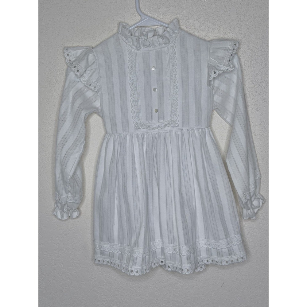 Vtg Montgomery Ward Dress Girls 6X White Striped Ruffle Lace Cottagecore
